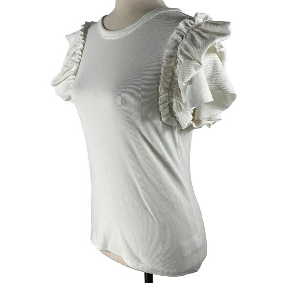 LIKE NEW! EXPRESS Ruffle Sleeve Ribbed Short Sleeve T-Shirt in Cream Siz… - Picture 3 of 8